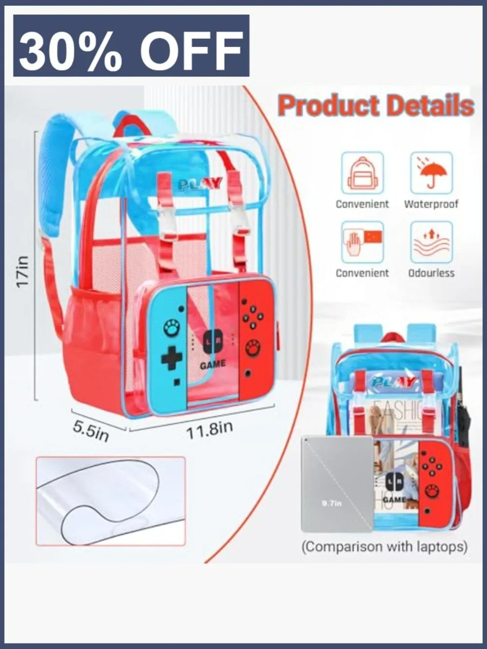 Kids Clear Backpack Boys Gamer Design Heavy Duty PVC Transparent Bookbag with